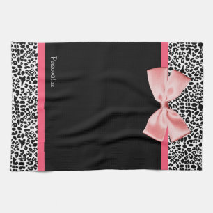 Trendy Leopard Print and Pink Ribbon With Name Kitchen Towel