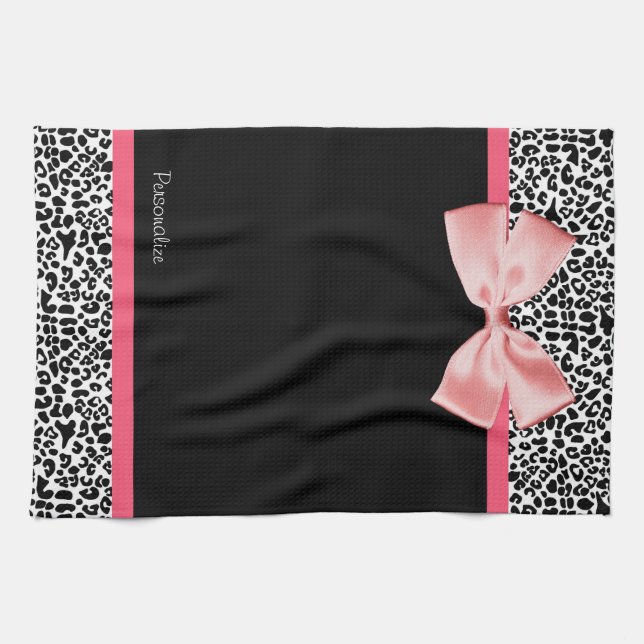 Trendy Leopard Print and Pink Ribbon With Name Kitchen Towel (Horizontal)
