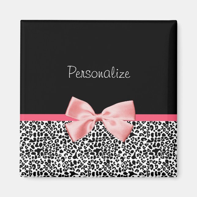 Trendy Leopard Print and Pink Ribbon With Name Magnet (Front)