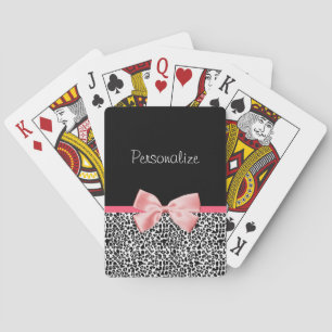 Trendy Leopard Print and Pink Ribbon With Name Playing Cards