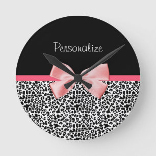 Trendy Leopard Print and Pink Ribbon With Name Round Clock