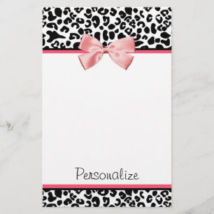 Trendy Leopard Print and Pink Ribbon With Name Stationery