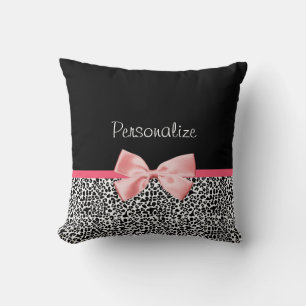 Trendy Leopard Print and Pink Ribbon With Name Throw Pillow