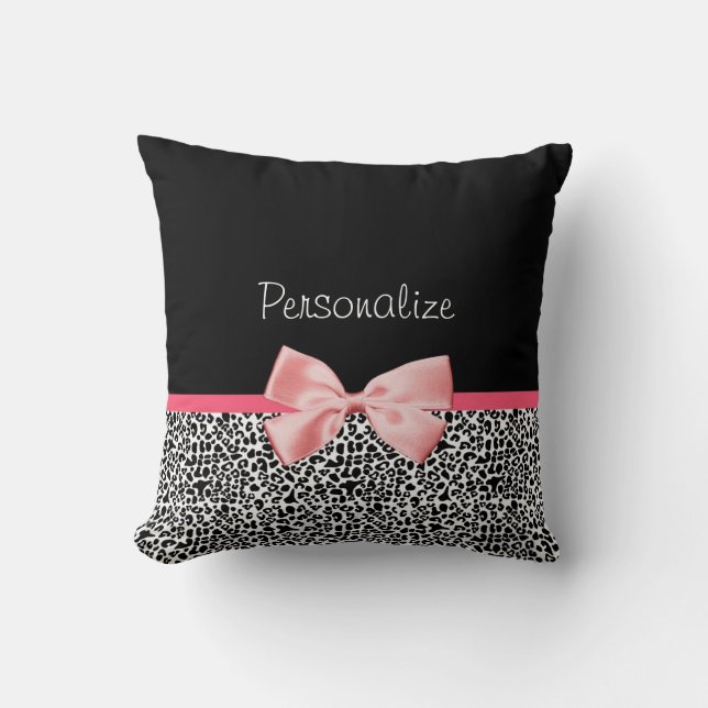 Trendy Leopard Print and Pink Ribbon With Name Throw Pillow (Front)