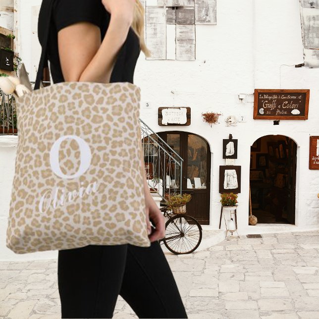 Trendy Leopard Print Custom Monogram & Name Tote Bag (Creator Uploaded)