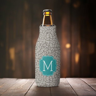 Trendy Leopard Print Pattern with Aqua Monogram Bottle Cooler