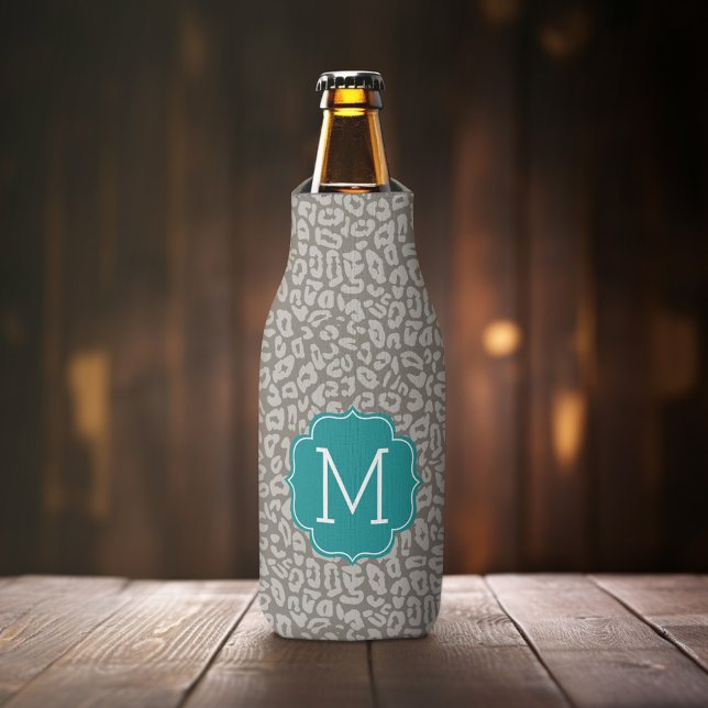 Trendy Leopard Print Pattern with Aqua Monogram Bottle Cooler (Personalized Bottle Cooler - Add Name or Custom Text )