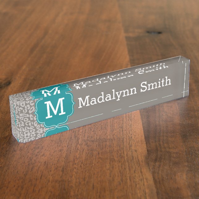 Trendy Leopard Print Pattern with Aqua Monogram Nameplate (Side)