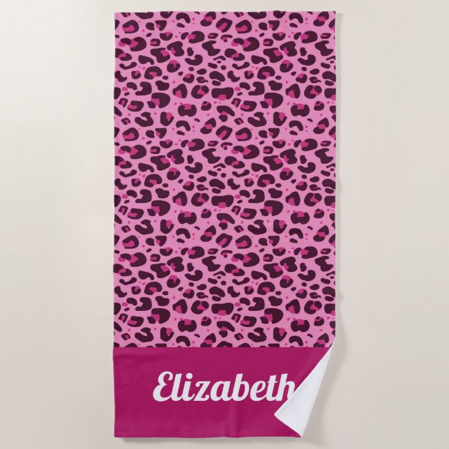 Trendy leopard print pink with name beach towel (Front)