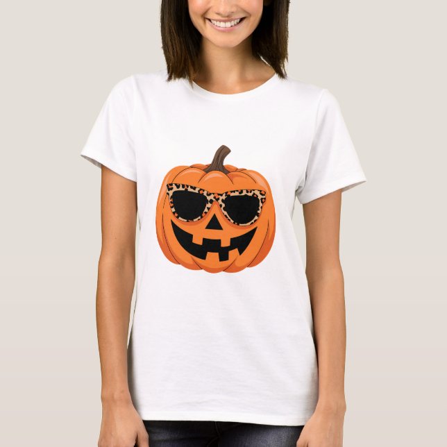 Trendy Leopard Sunglasses Pumpkin T-Shirt (Front)