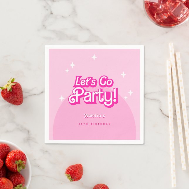 trendy Let's Go Party pink Birthday Napkin (Insitu)
