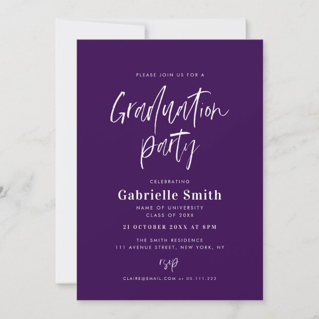 Trendy lettering purple graduation party invitation (Front)