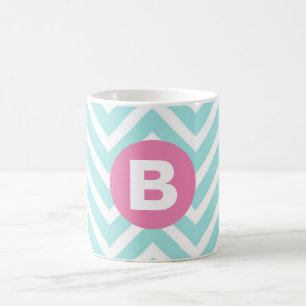 Trendy Light Blue Chevron Pink Monogram Coffee Mug