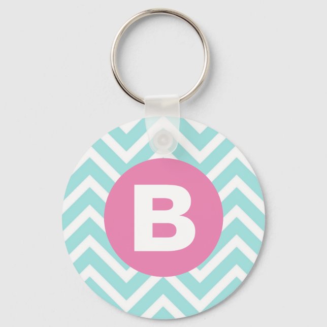 Trendy Light Blue Chevron Pink Monogram Keychain (Front)