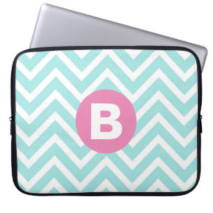 Trendy Light Blue Chevron Pink Monogram Laptop Sleeve