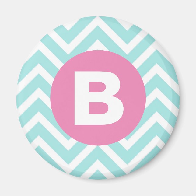 Trendy Light Blue Chevron Pink Monogram Magnet (Front)