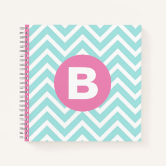 Trendy Light Blue Chevron Pink Monogram Notebook