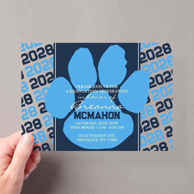 Trendy Light Blue & Navy Graduation Pawprint Clear Acrylic Invitations (Insitu (Handheld))