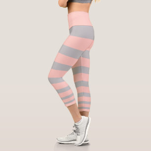 Trendy light coral pink and light grey striped capri leggings