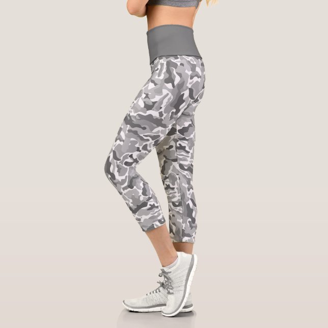Trendy Light Gray Camouflage Pattern Capri Leggings (Left)