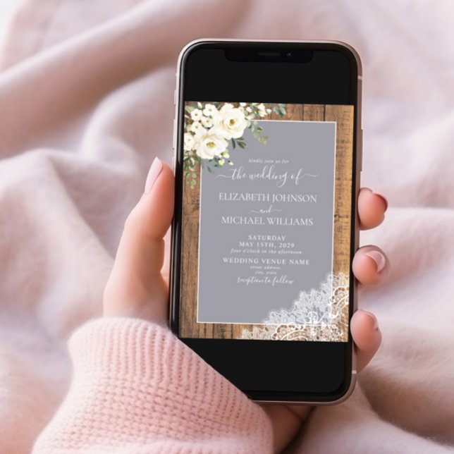 Trendy Light Grey Rustic Wood Script Photo Wedding Invitation (Creator Uploaded)