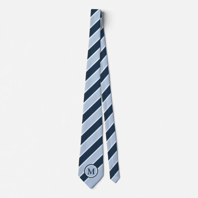 Trendy Light Navy Blue Stripe Monogram Initial Tie (Front)