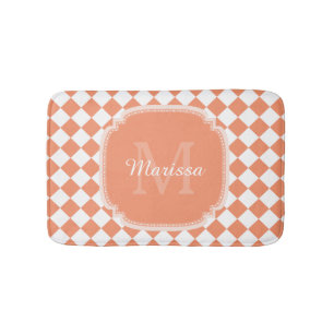 Trendy Light Orange Checked Monogrammed Name Bath Mat