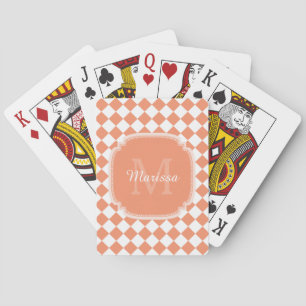 Trendy Light Orange Checked Monogrammed Name Playing Cards
