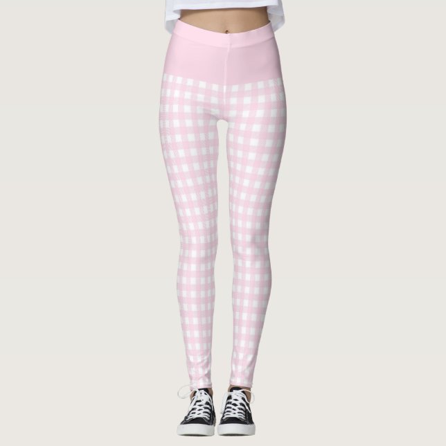 Trendy Light Pink and White Check Gingham Pattern Leggings (Front)