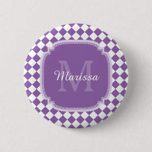 Trendy Light Purple Checked Monogrammed Name 2 Inch Round Button