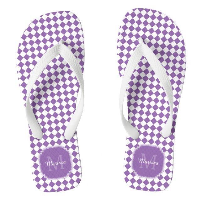 Trendy Light Purple Checked Monogrammed Name Flip Flops (Footbed)