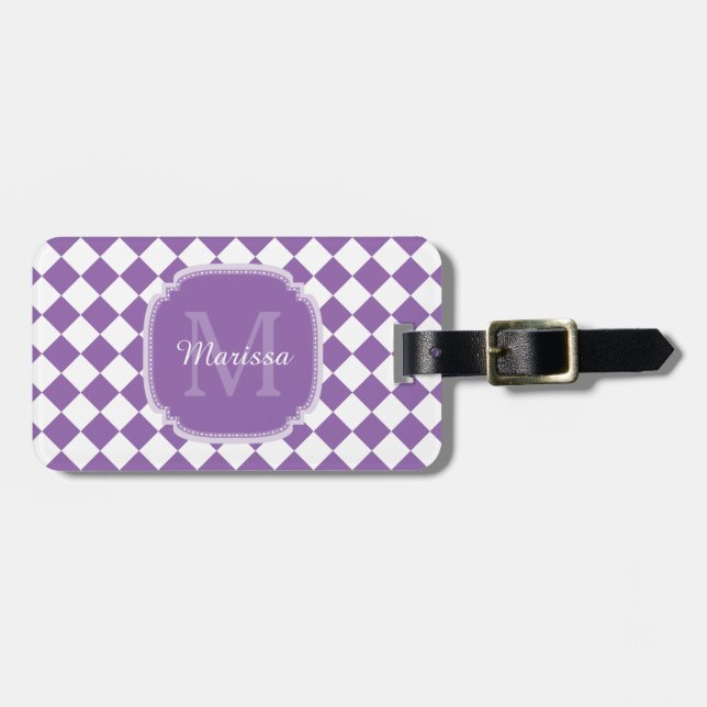 Trendy Light Purple Checked Monogrammed Name Luggage Tag (Front Horizontal)