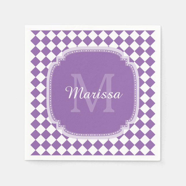 Trendy Light Purple Checked Monogrammed Name Napkin (Front)