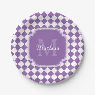 Trendy Light Purple Checked Monogrammed Name Paper Plate