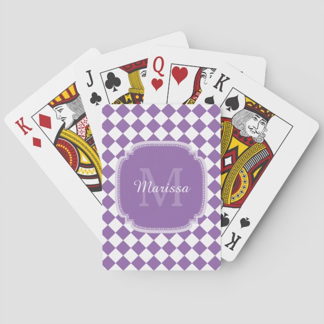 Trendy Light Purple Checked Monogrammed Name Playing Cards (Back)