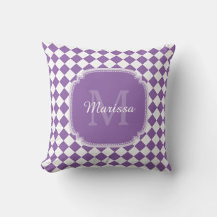 Trendy Light Purple Checked Monogrammed Name Throw Pillow