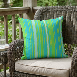 Trendy Lime Green Aqua Turquoise Stripes Pattern Outdoor Pillow