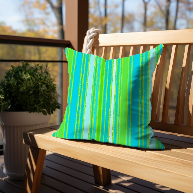 Trendy Lime Green Aqua Turquoise Stripes Pattern Outdoor Pillow (Creator Uploaded)