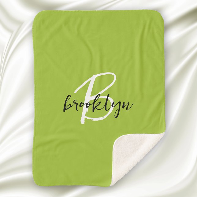 Trendy Lime Green Black and White Script Monogram  Sherpa Blanket (Creator Uploaded)