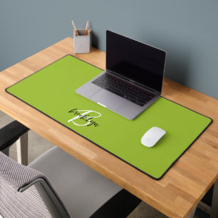 Trendy Lime Green Black White Script Monogram Desk Mat