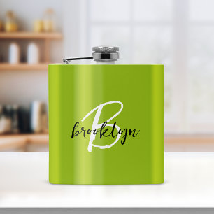 Trendy Lime Green Black White Script Monogram  Hip Flask