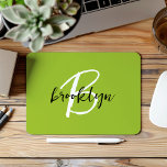 Trendy Lime Green Black White Script Monogram  Mouse Pad<br><div class="desc">This elegant personalized mouse pad features a monogram and first name in modern black and white script on a trendy lime green background.</div>