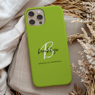 Trendy Lime Green Black White Script Monogram Name iPhone 11 Pro Case