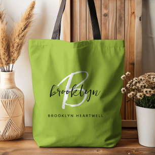 Trendy Lime Green Black White Script Monogram Name Tote Bag