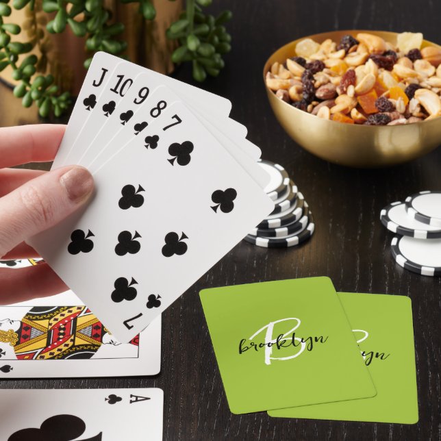 Trendy Lime Green Black White Script Monogram  Playing Cards (In Situ)