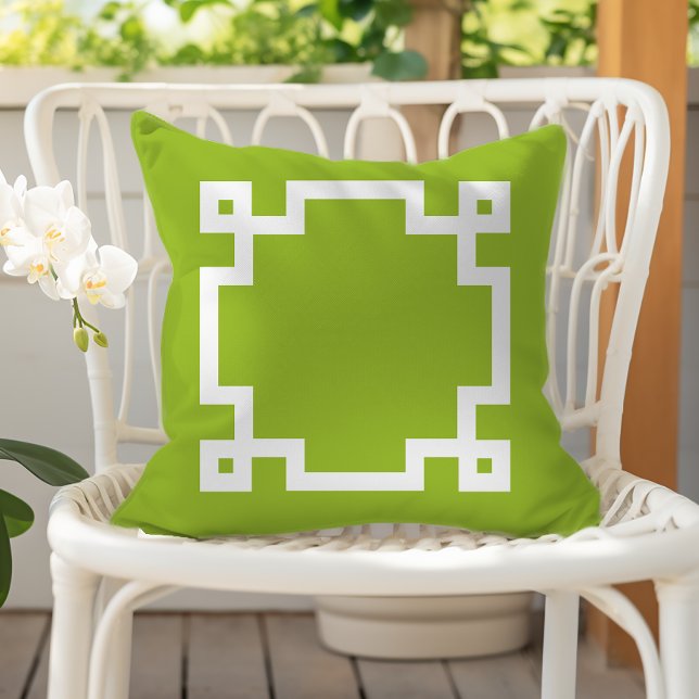 Trendy Lime Green White Greek Key Border Outdoor Pillow (Creator Uploaded)
