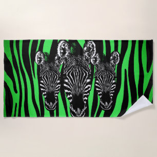 Trendy Lime Zebra Herd on Zebra Print Beach Towel