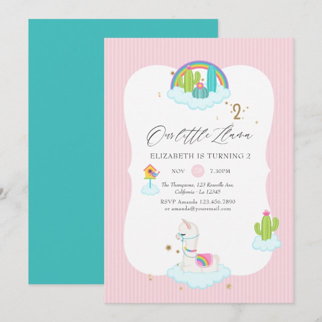 Trendy Llama 2nd Birthday Party Invitation (Front/Back)