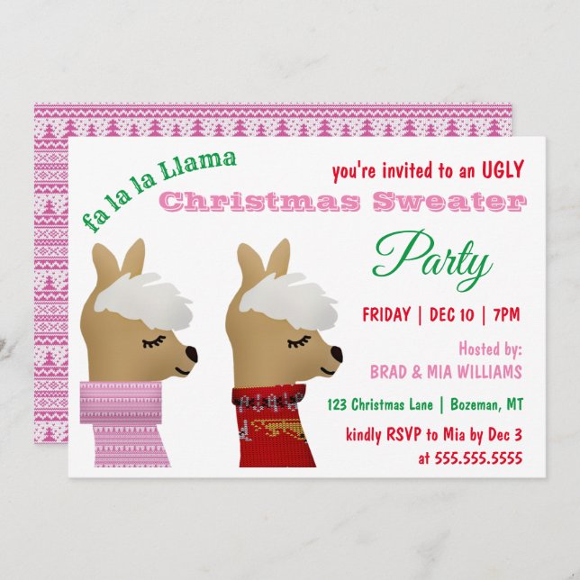 Trendy Llama Pink Christmas Sweater Party Invitation (Front/Back)