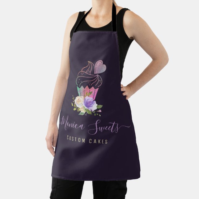 trendy logo purple script cakery apron (Insitu)